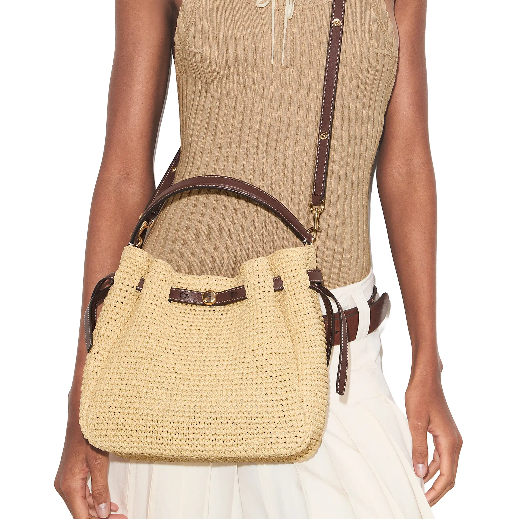 Product Title Paper Raffia Woven Straw Bucket Bag With Dual Carry Straps and Multi-Style Closure Hardware