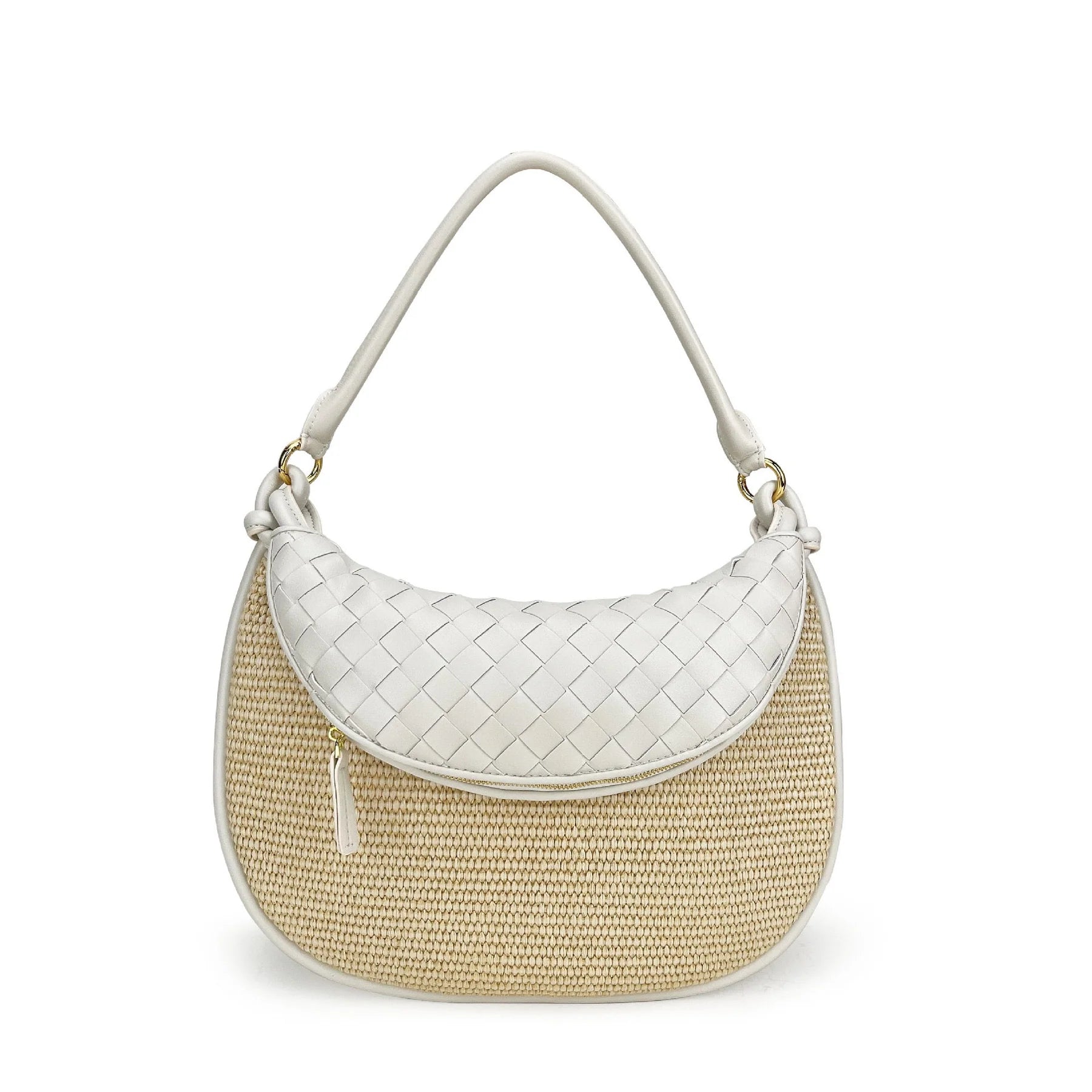 Half-Moon Shaped Straw Bag With Woven Leather Flap and Genuine Leather Shoulder Handle