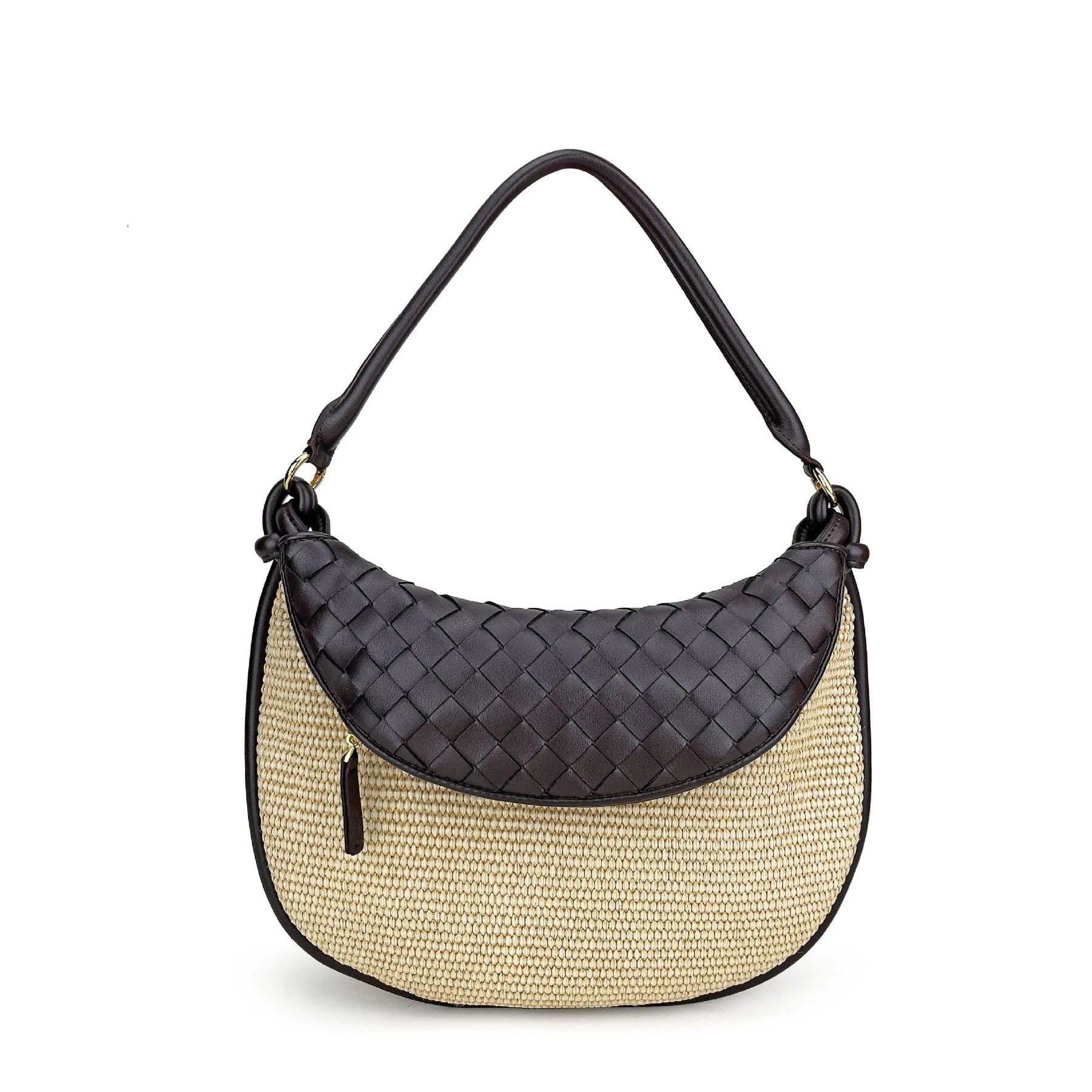 Half-Moon Shaped Straw Bag With Woven Leather Flap and Genuine Leather Shoulder Handle