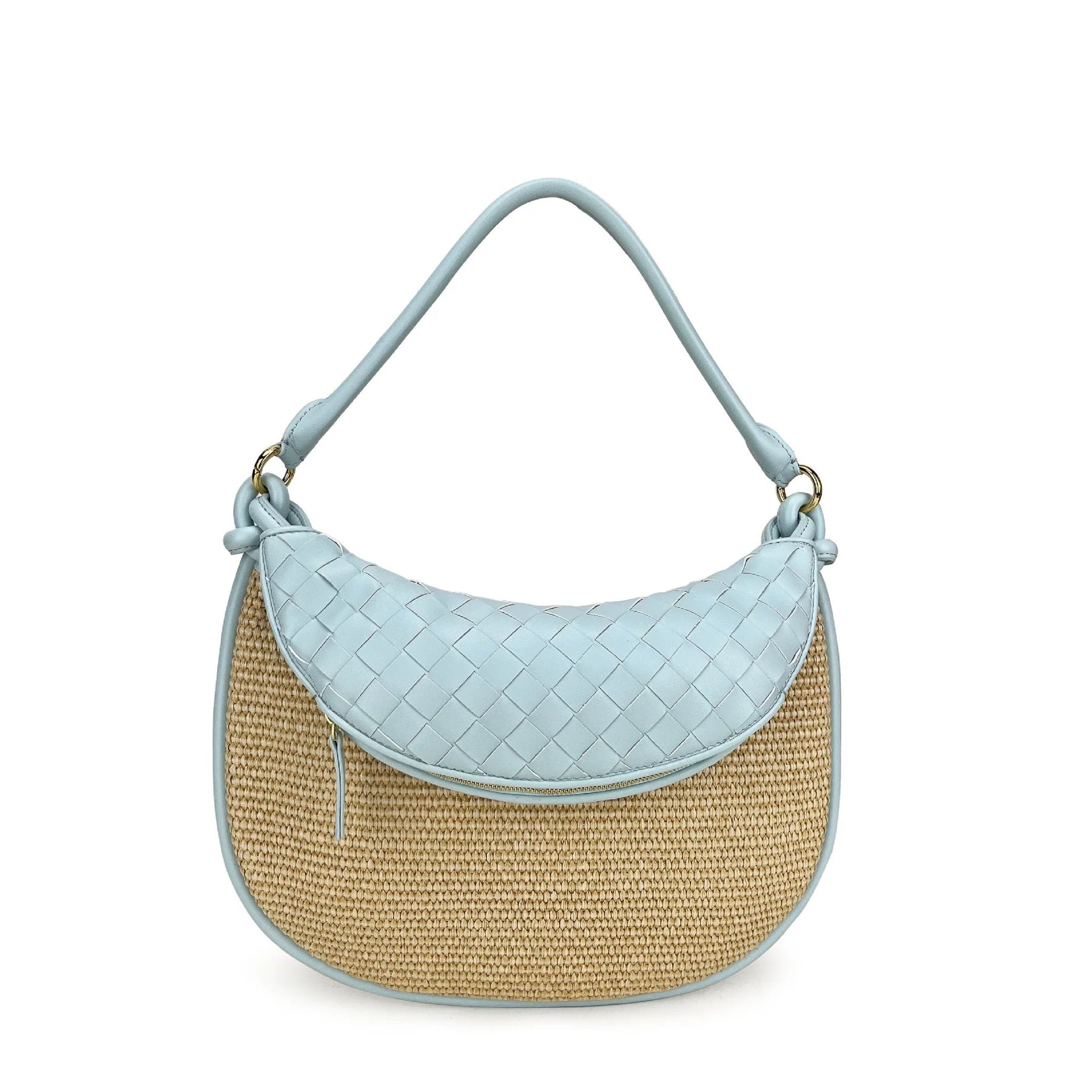 Half-Moon Shaped Straw Bag With Woven Leather Flap and Genuine Leather Shoulder Handle