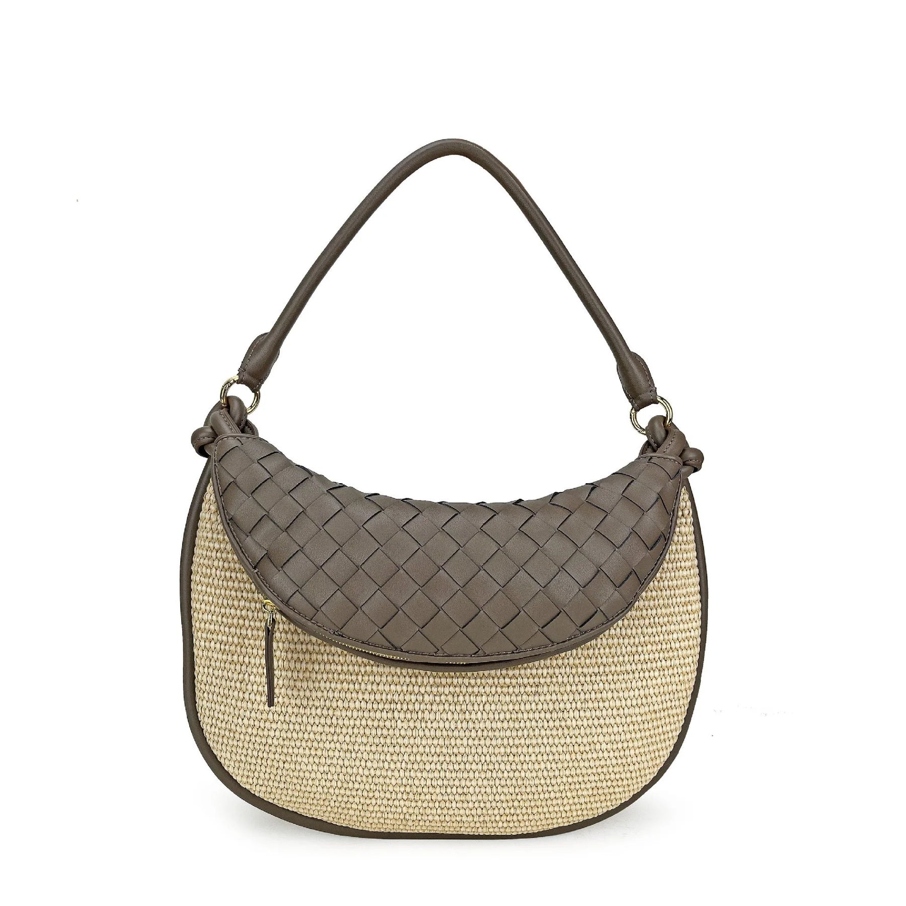 Half-Moon Shaped Straw Bag With Woven Leather Flap and Genuine Leather Shoulder Handle