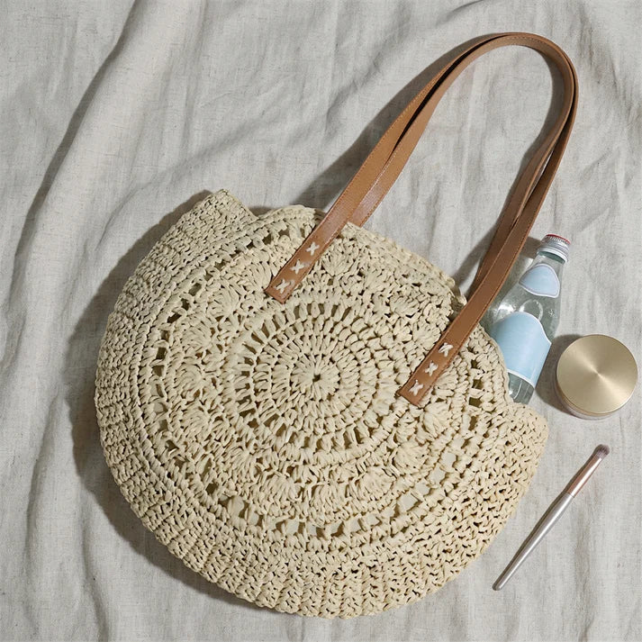 Round Crochet Woven Straw Bag With PU Leather Handles and Full Zip Secure Closure