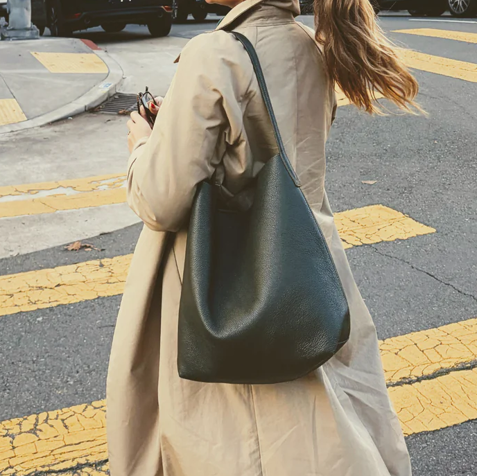 Open Top Bucket Leather Bag With Fixed Shoulder Handle and Suede Lined Interior