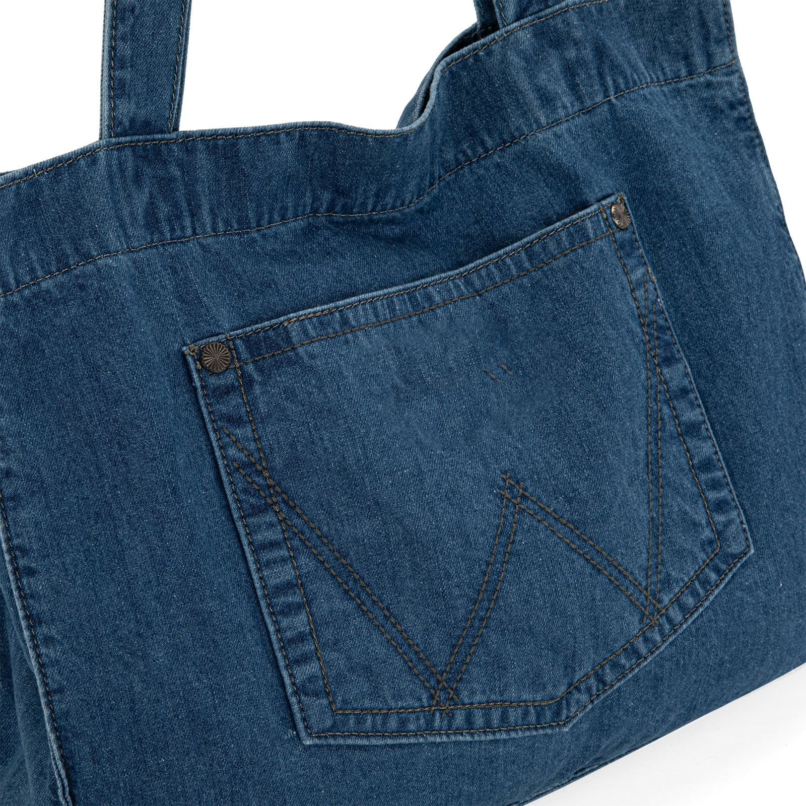 Washable Soft Denim Bag With Signature Stitched Front Pocket and Open-Top Spacious Storage