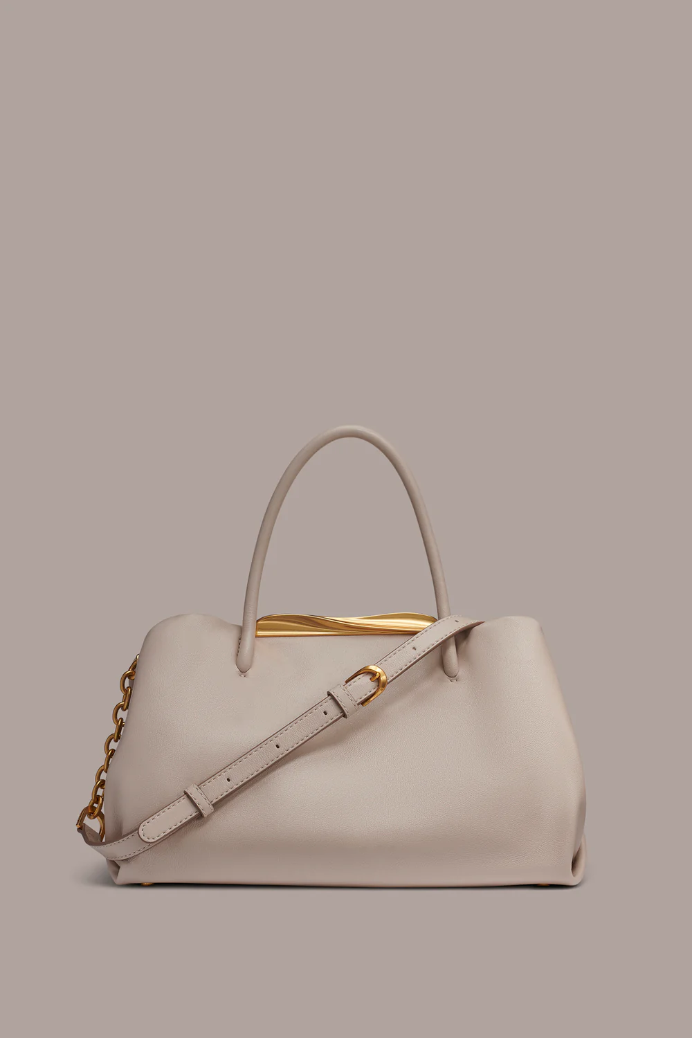 Soft Structured Satchel Leather Bag Equipped With Dual Handles and Detachable Chain Trim Shoulder Strap