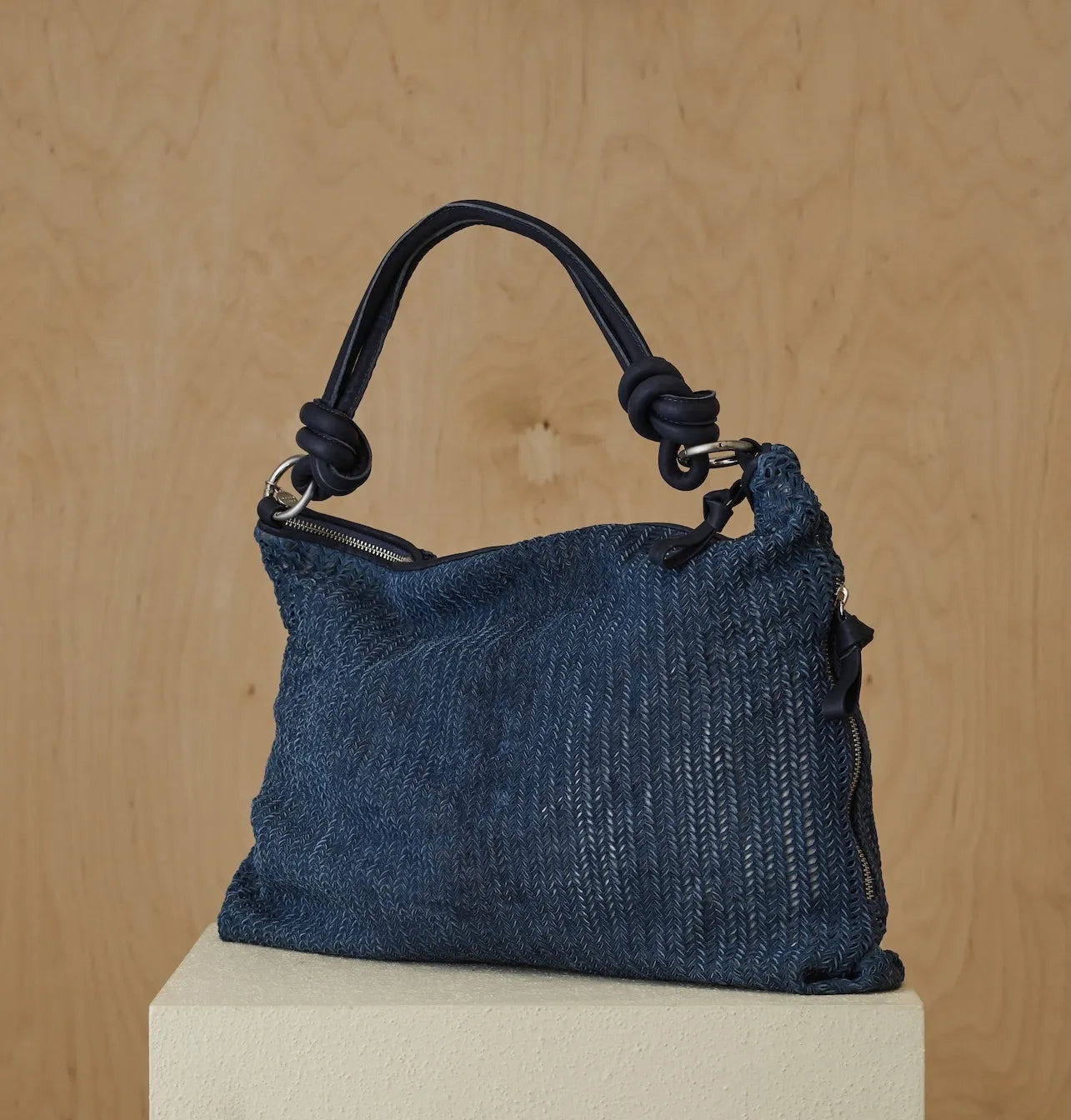 Lightweight Textured Denim Bag With Knotted Shoulder Straps and Full Zip Closure