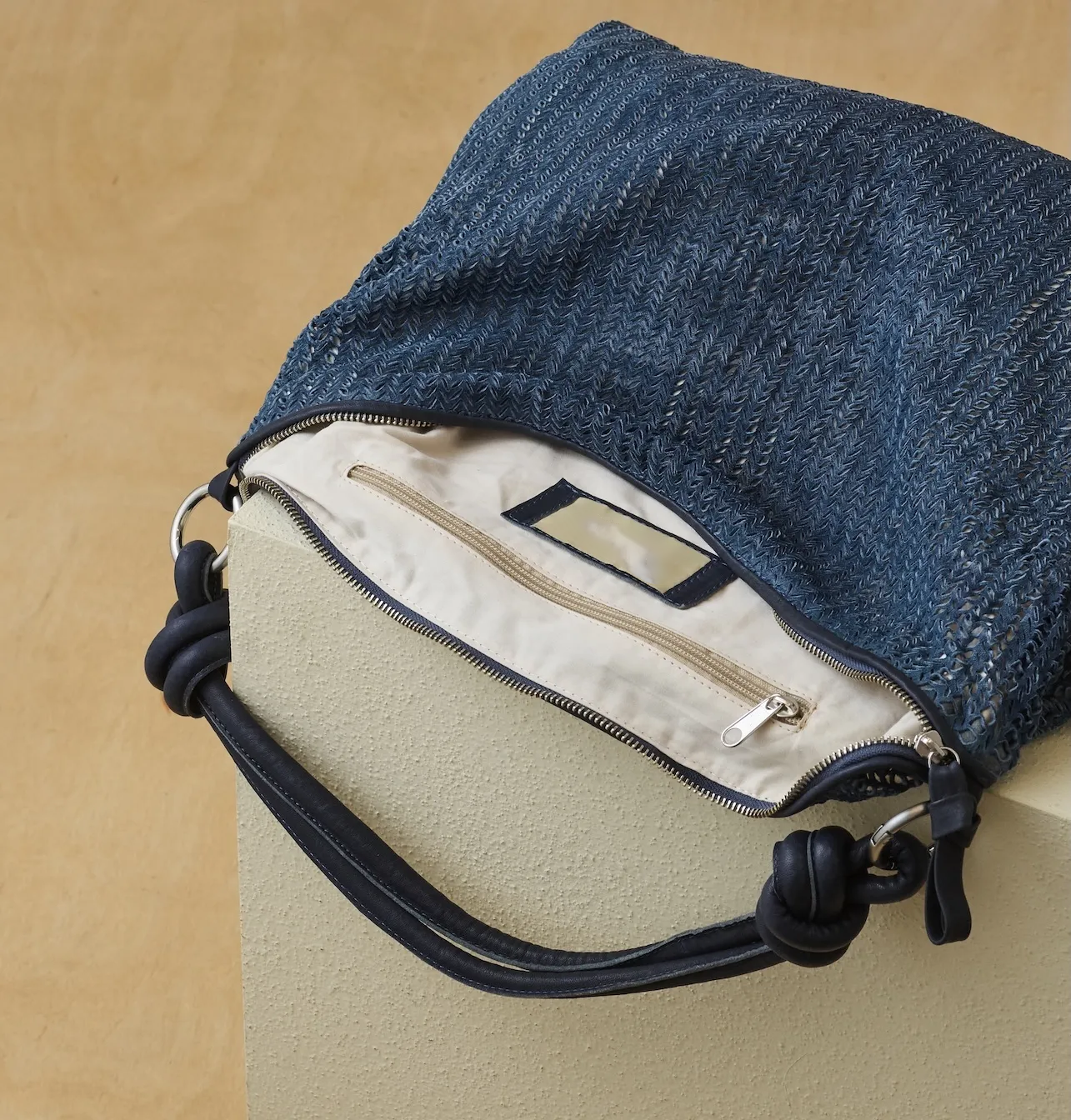 Lightweight Textured Denim Bag With Knotted Shoulder Straps and Full Zip Closure