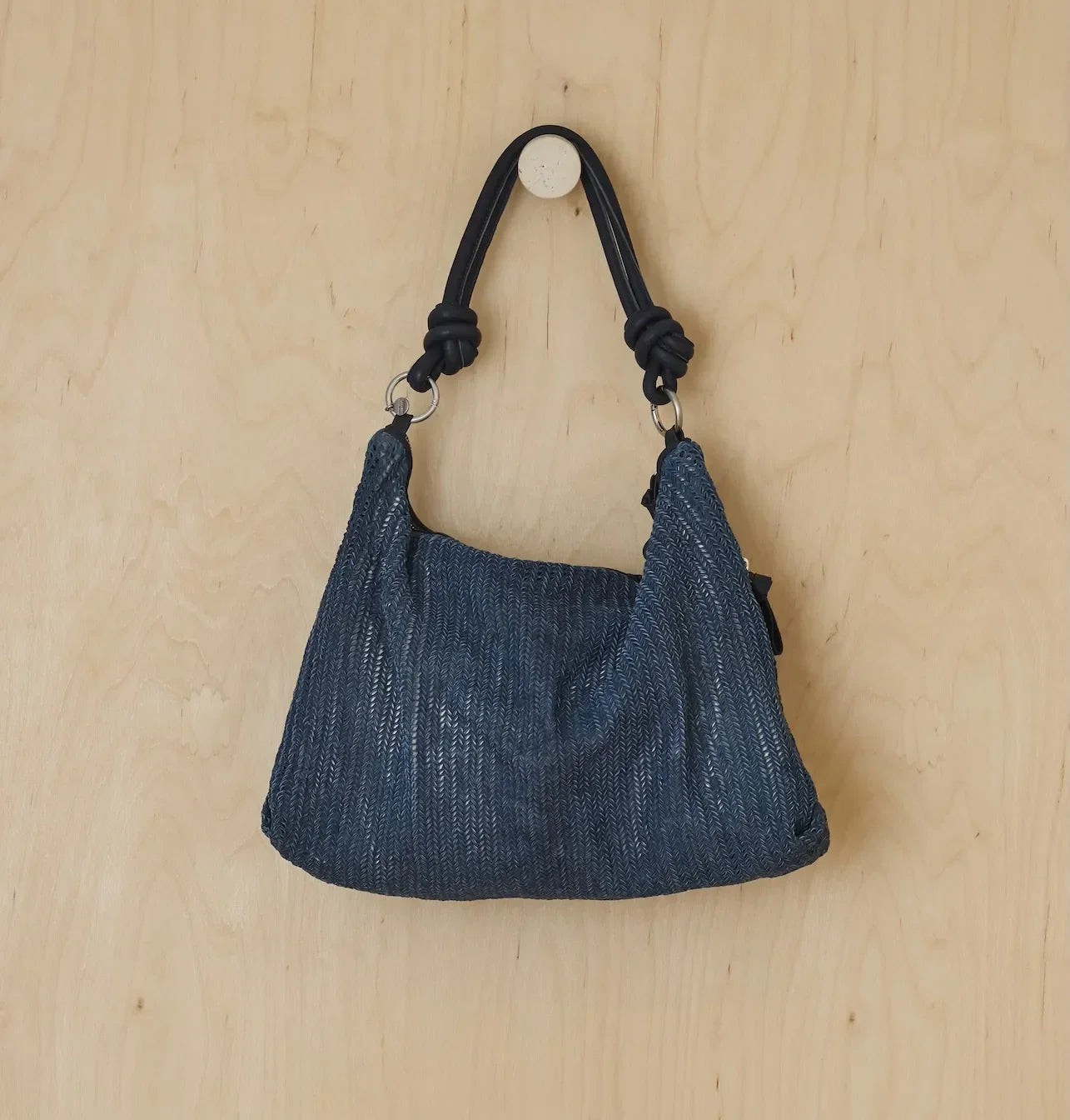 Lightweight Textured Denim Bag With Knotted Shoulder Straps and Full Zip Closure
