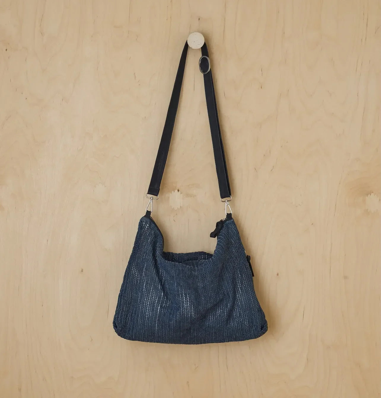 Lightweight Textured Denim Bag With Knotted Shoulder Straps and Full Zip Closure
