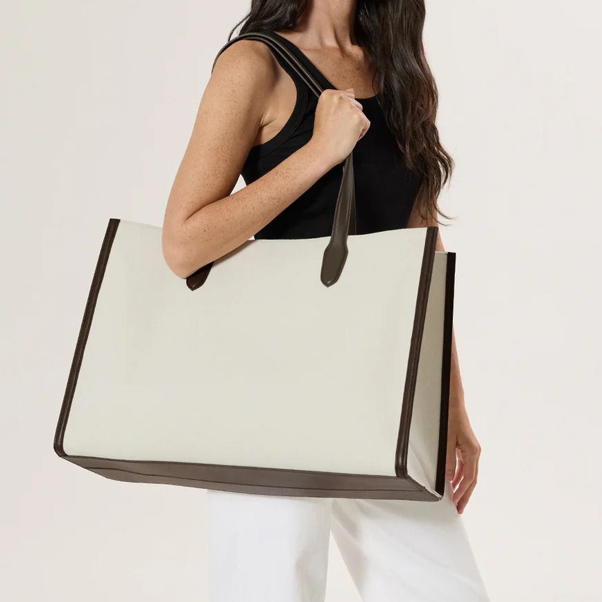 Contrast Trim Large Capacity Canvas Tote Bag With Leather Base and Multi Compartment Inner Storage