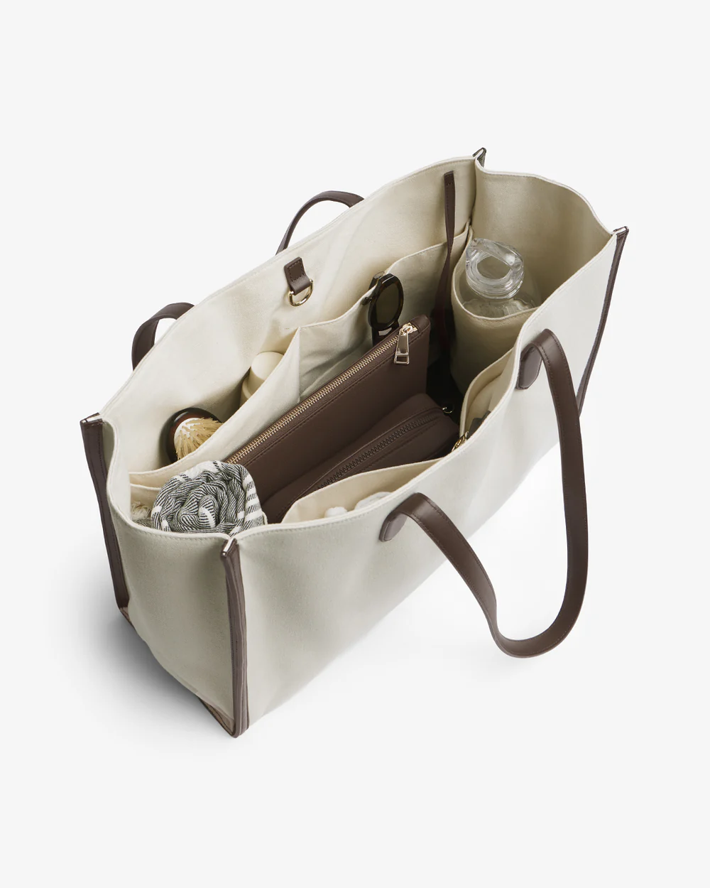 Contrast Trim Large Capacity Canvas Tote Bag With Leather Base and Multi Compartment Inner Storage