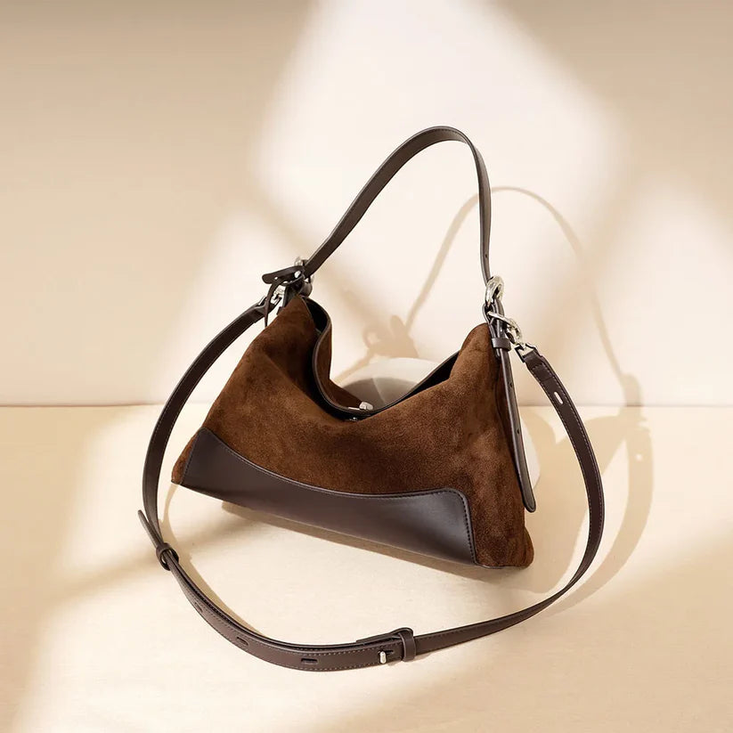 Color Block Suede Velvet Bag With Dual Carry Straps and Water Resistant Outer Surface