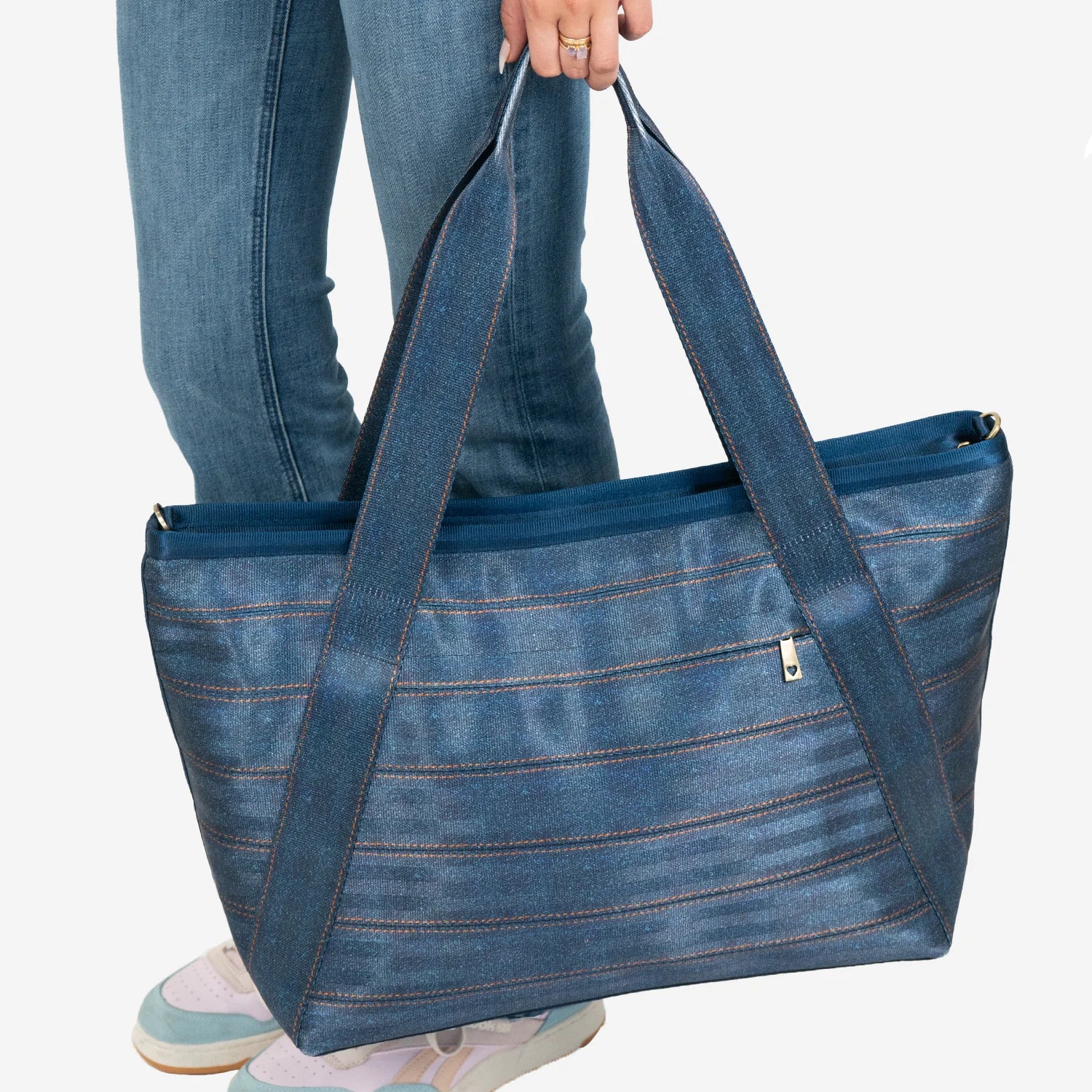 Denim Print Seatbelt Fabric Denim Bag With Brass Hardware and Full Denim Inner Lining