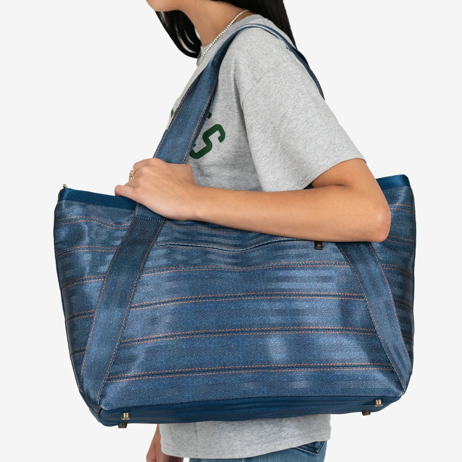 Denim Print Seatbelt Fabric Denim Bag With Brass Hardware and Full Denim Inner Lining