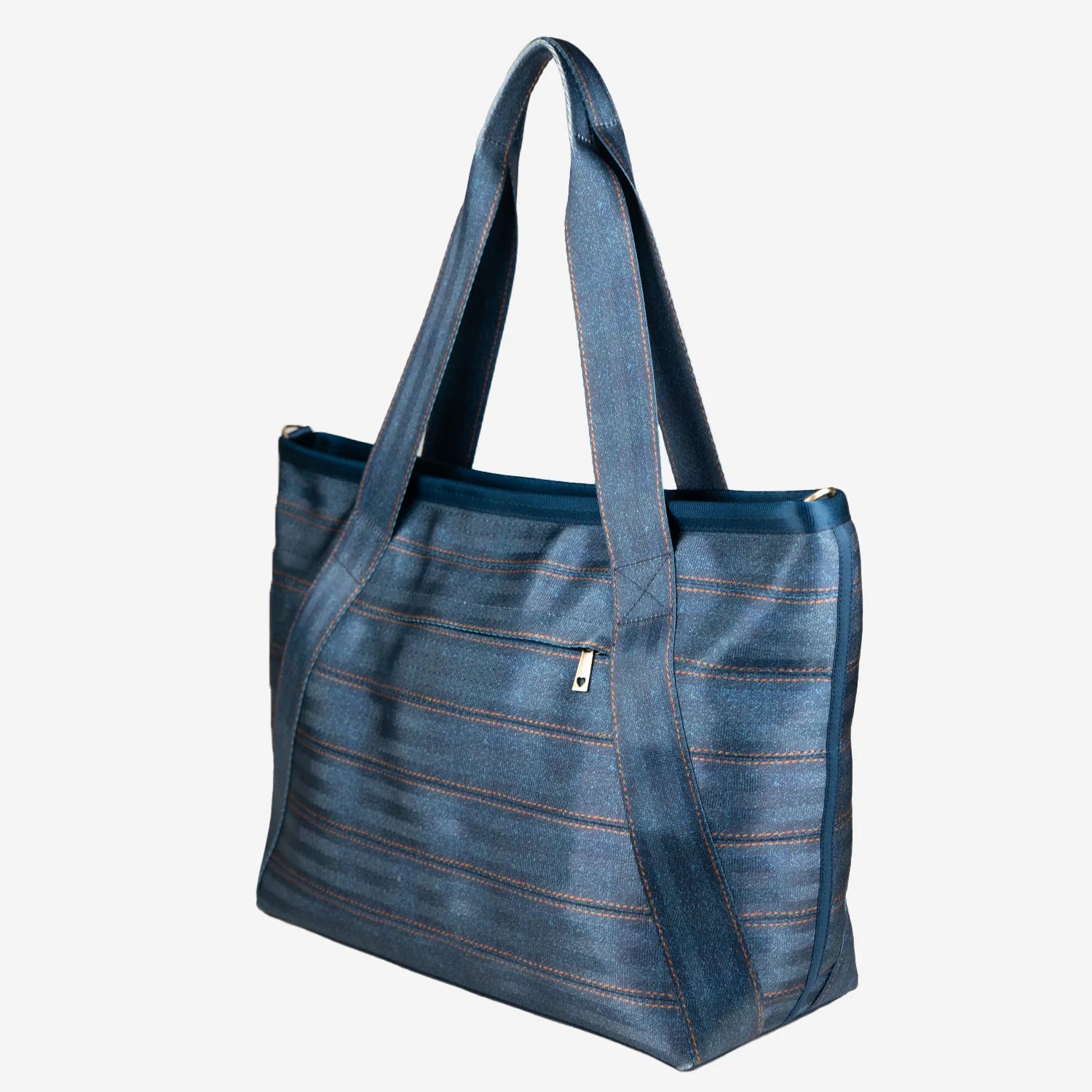 Denim Print Seatbelt Fabric Denim Bag With Brass Hardware and Full Denim Inner Lining