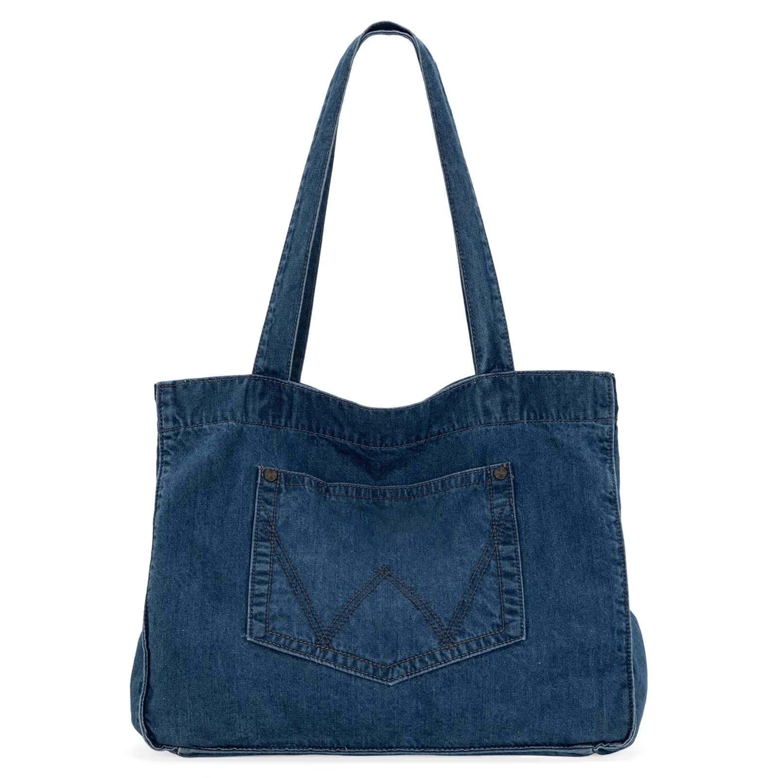 Washable Soft Denim Bag With Signature Stitched Front Pocket and Open-Top Spacious Storage