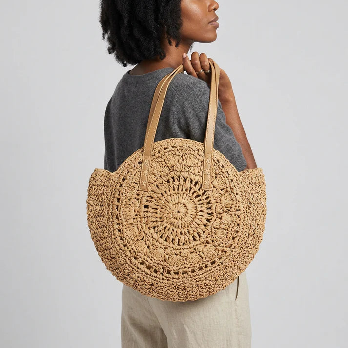 Round Crochet Woven Straw Bag With PU Leather Handles and Full Zip Secure Closure