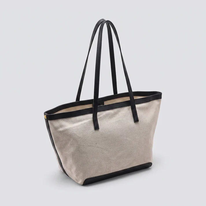Two-Tone Trim Structured Canvas Tote Bag With Full Zip Top and Large Capacity Interior