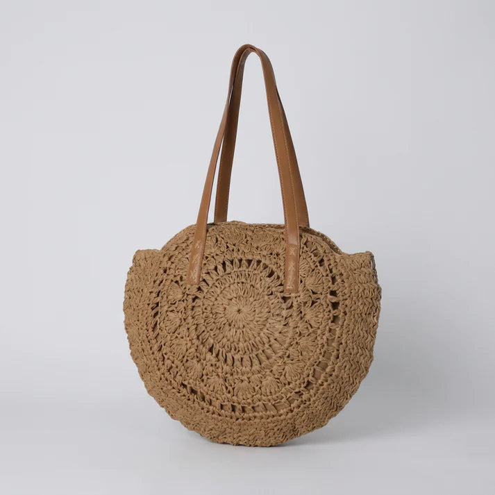 Round Crochet Woven Straw Bag With PU Leather Handles and Full Zip Secure Closure