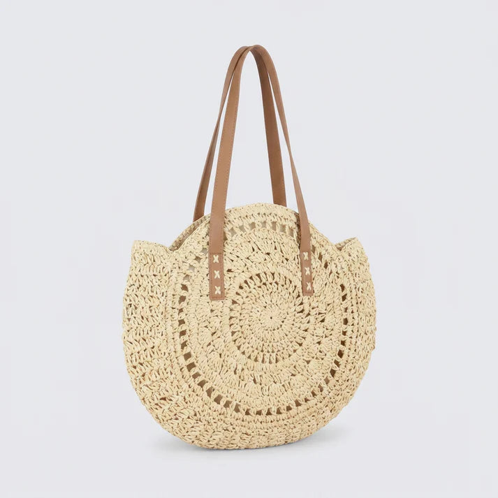Round Crochet Woven Straw Bag With PU Leather Handles and Full Zip Secure Closure