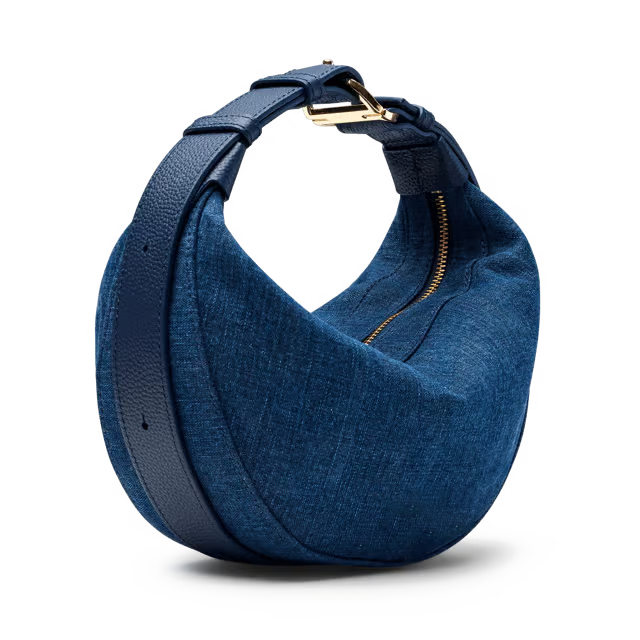 Curved Crescent Denim Bag With Multi-Size Adjustable Strap and Leather Decorative Trim