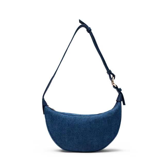 Curved Crescent Denim Bag With Multi-Size Adjustable Strap and Leather Decorative Trim