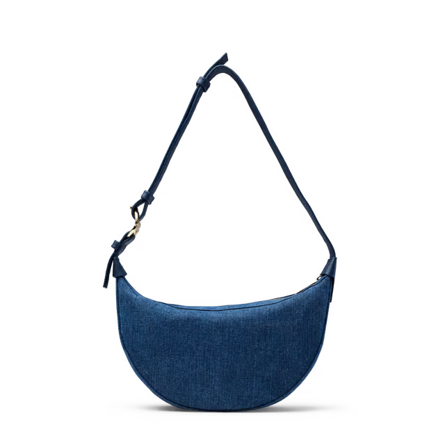 Curved Crescent Denim Bag With Multi-Size Adjustable Strap and Leather Decorative Trim
