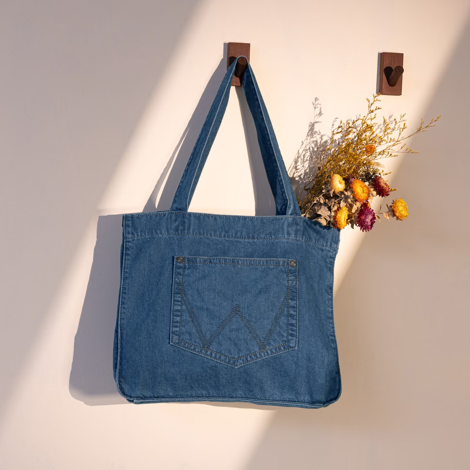 Washable Soft Denim Bag With Signature Stitched Front Pocket and Open-Top Spacious Storage