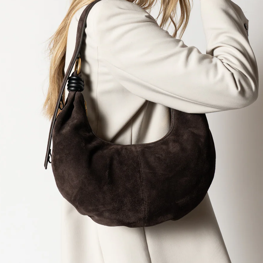 Multi-Wear Crescent Velvet Bag With Knotted Strap and Waterproof Organized Interior