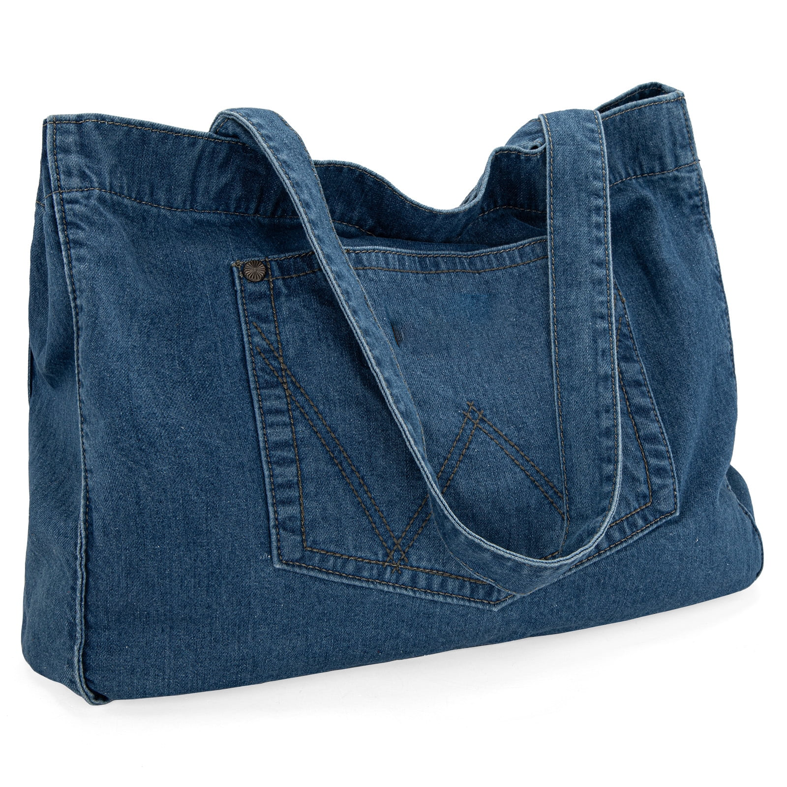 Washable Soft Denim Bag With Signature Stitched Front Pocket and Open-Top Spacious Storage