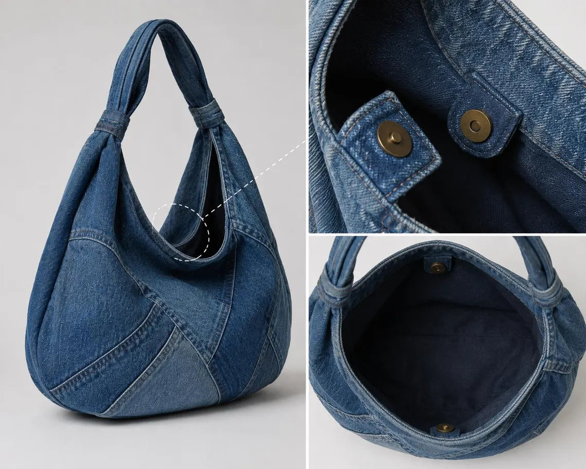 Patchwork Slouchy Denim Bag With Metal Fastening and Roomy Daily Storage Space