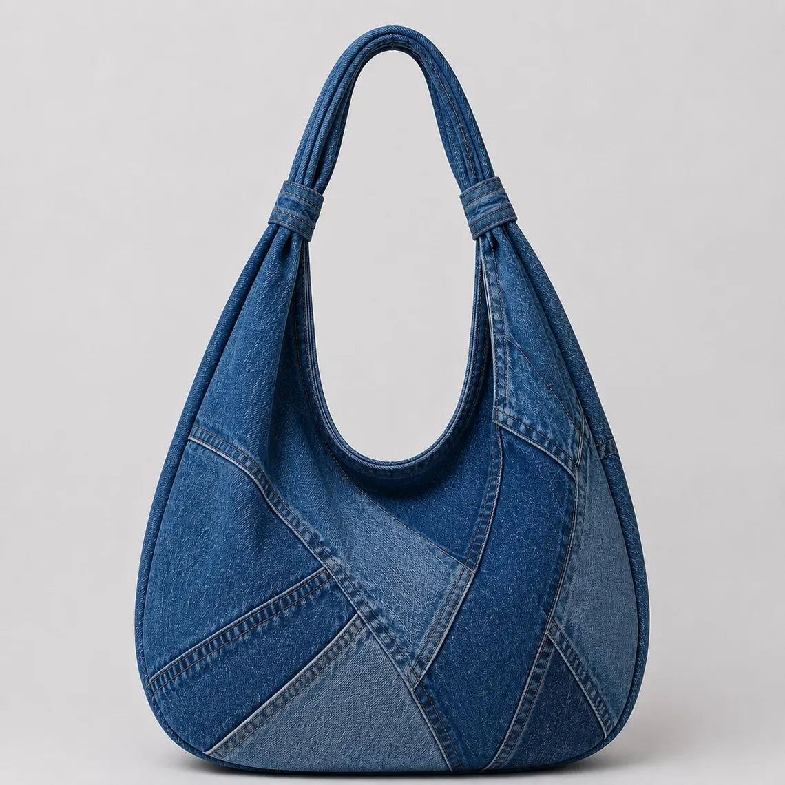 Patchwork Slouchy Denim Bag With Metal Fastening and Roomy Daily Storage Space
