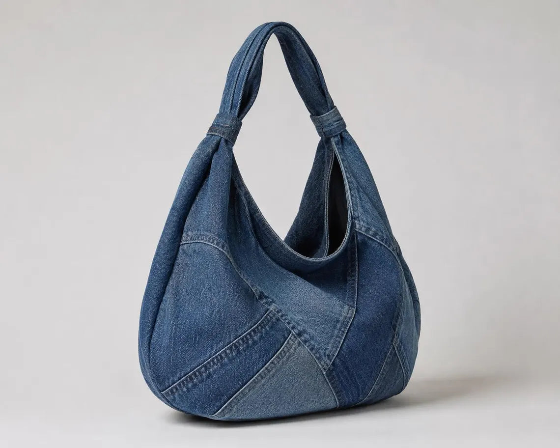 Patchwork Slouchy Denim Bag With Metal Fastening and Roomy Daily Storage Space