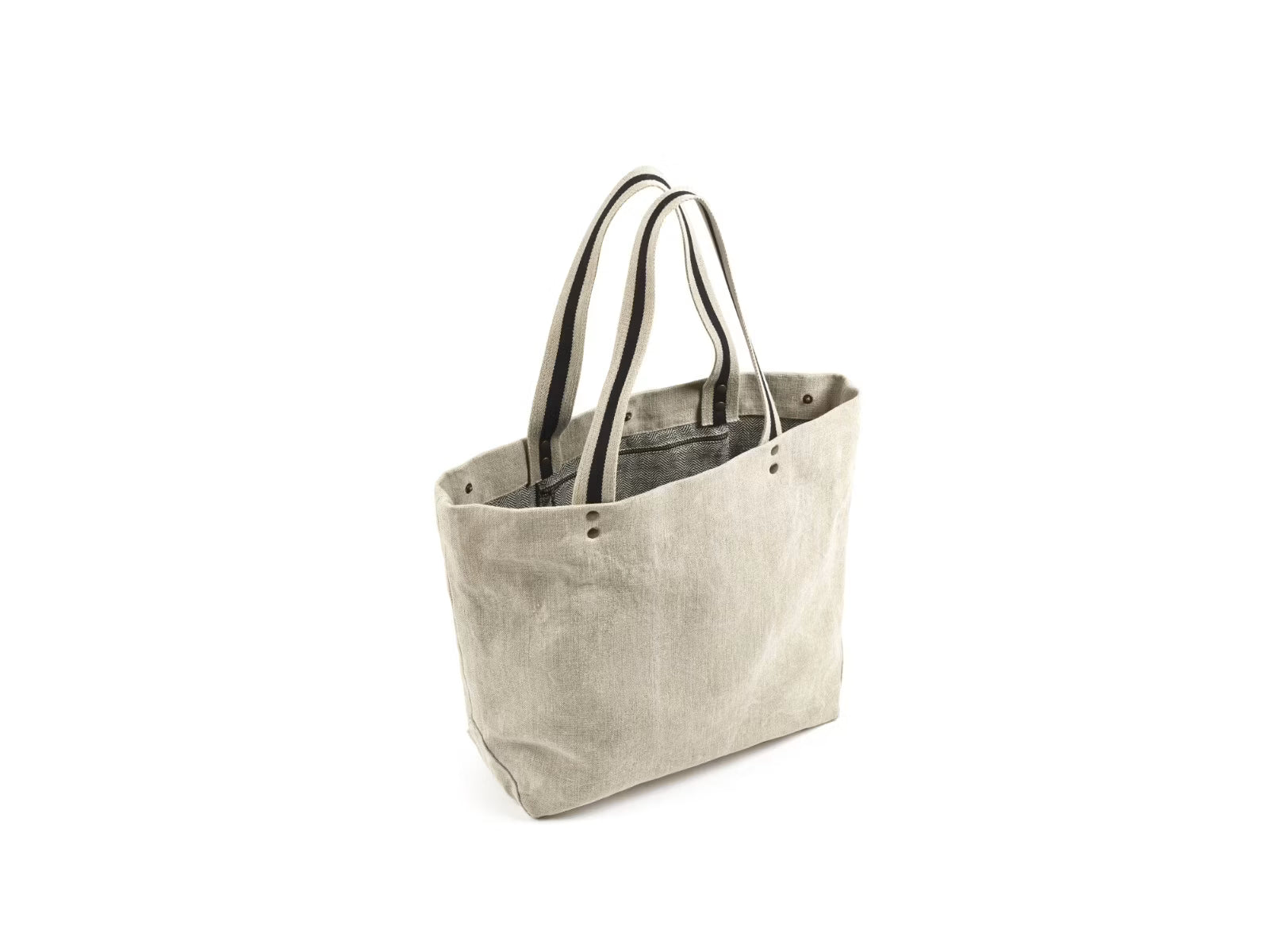 Washed Linen Canvas Tote Bag With Stripe Webbing Handles and Dual Inner Zip Pockets