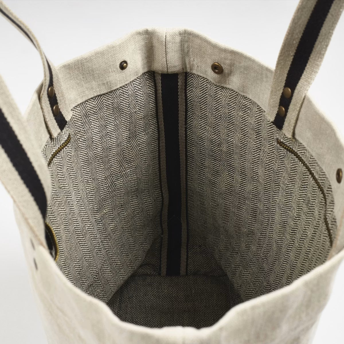 Washed Linen Canvas Tote Bag With Stripe Webbing Handles and Dual Inner Zip Pockets