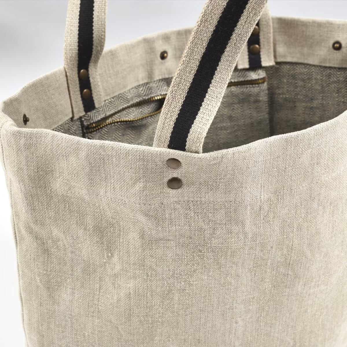 Washed Linen Canvas Tote Bag With Stripe Webbing Handles and Dual Inner Zip Pockets