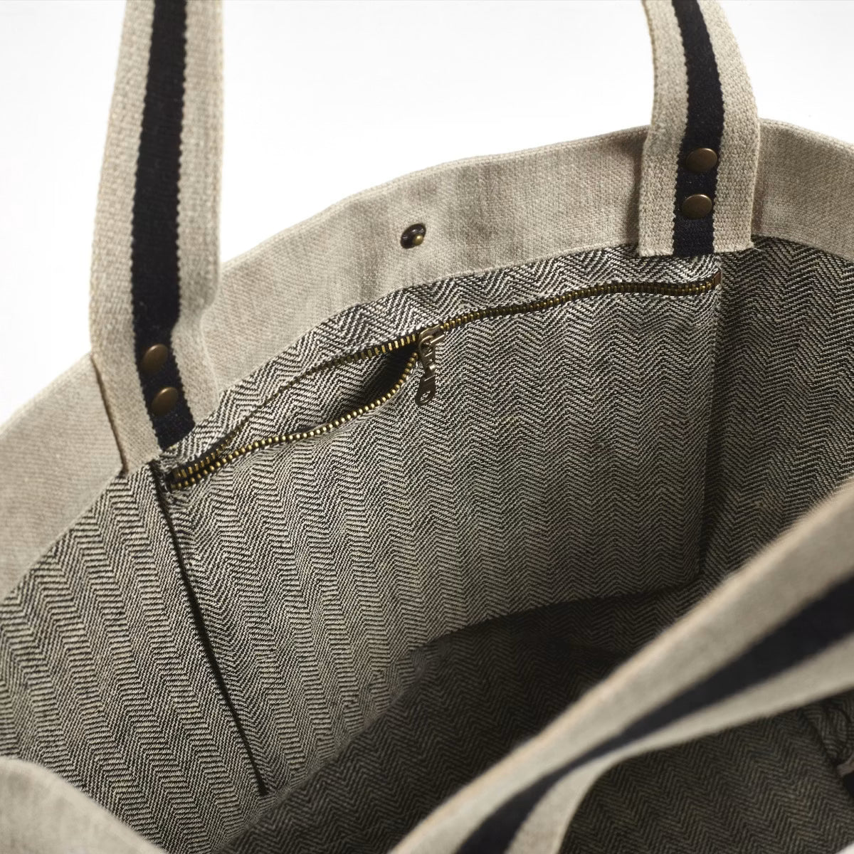 Washed Linen Canvas Tote Bag With Stripe Webbing Handles and Dual Inner Zip Pockets