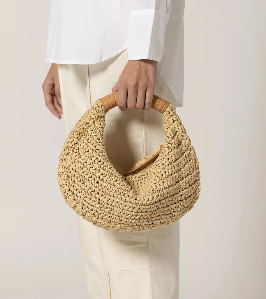 Handwoven Raffia Straw Bag With Wrapped Leather Handle and Zipper Compartments