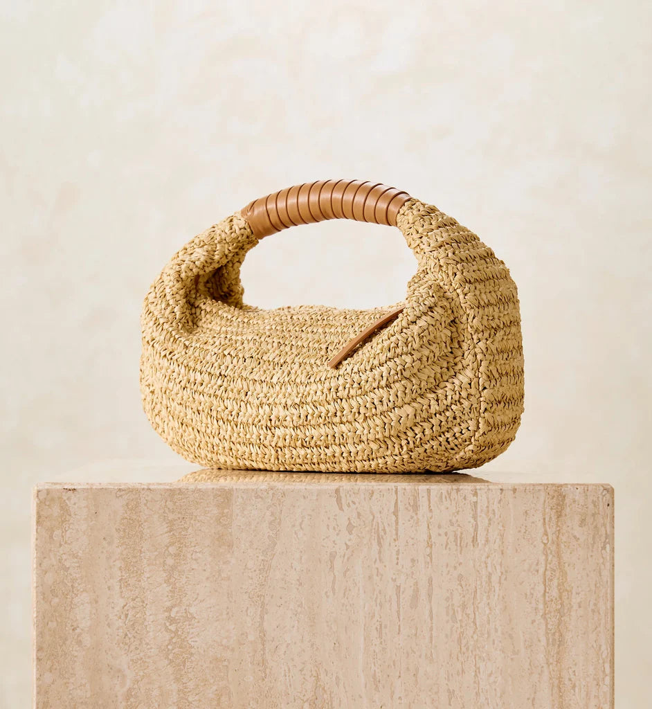 Handwoven Raffia Straw Bag With Wrapped Leather Handle and Zipper Compartments