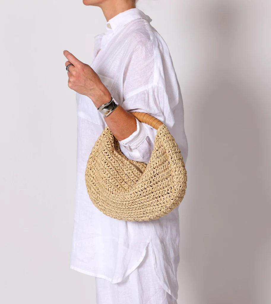 Handwoven Raffia Straw Bag With Wrapped Leather Handle and Zipper Compartments
