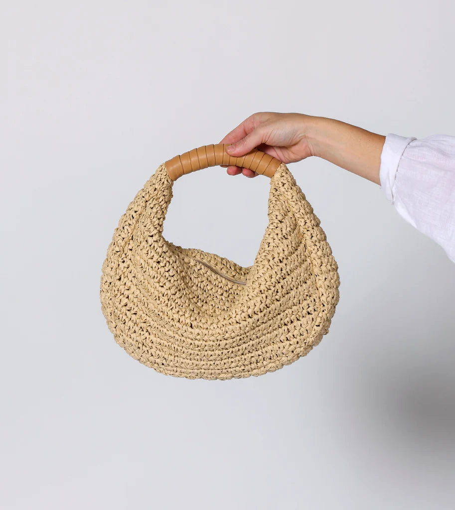 Handwoven Raffia Straw Bag With Wrapped Leather Handle and Zipper Compartments