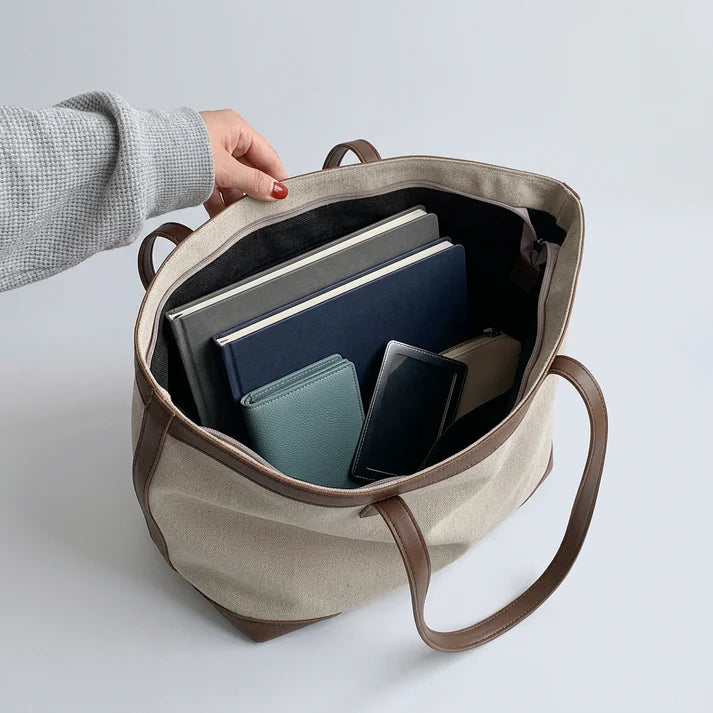 Two-Tone Trim Structured Canvas Tote Bag With Full Zip Top and Large Capacity Interior