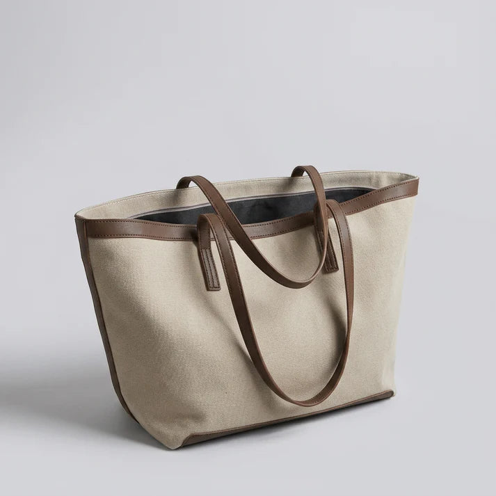 Two-Tone Trim Structured Canvas Tote Bag With Full Zip Top and Large Capacity Interior