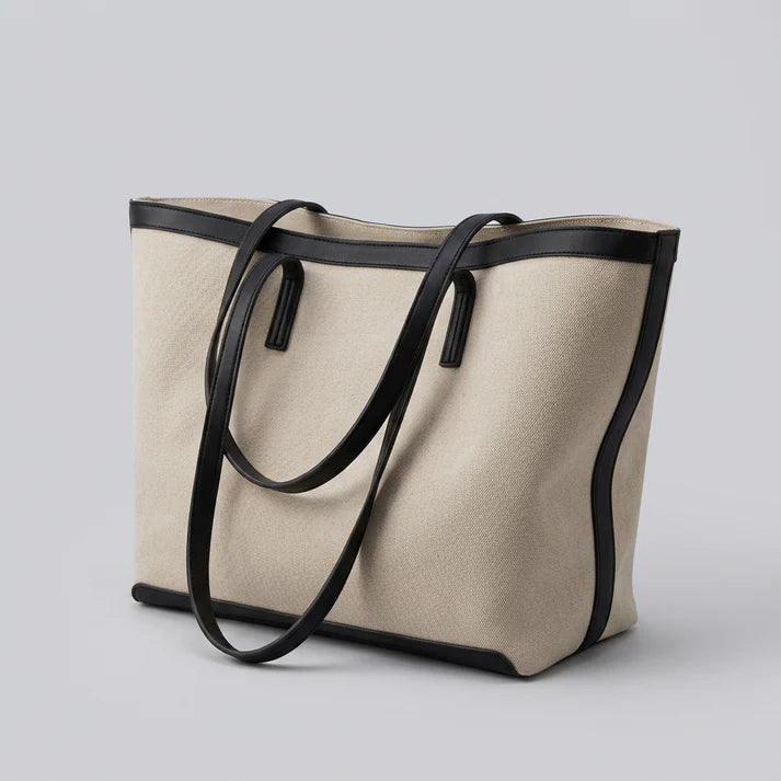 Two-Tone Trim Structured Canvas Tote Bag With Full Zip Top and Large Capacity Interior